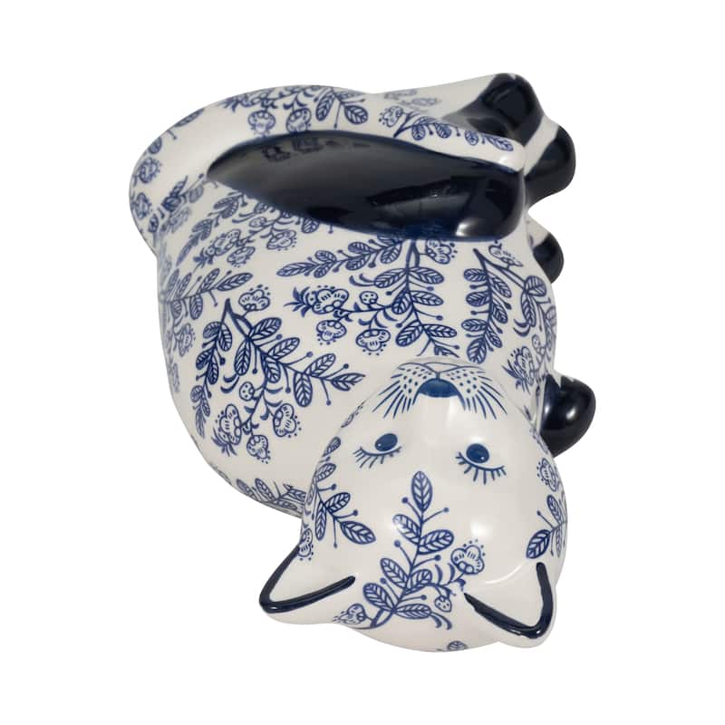 Ceramic Cat Sculpture Contemporary Vintage Style Chinoiserie Blue and White Floral Cat Statue Cat Lover