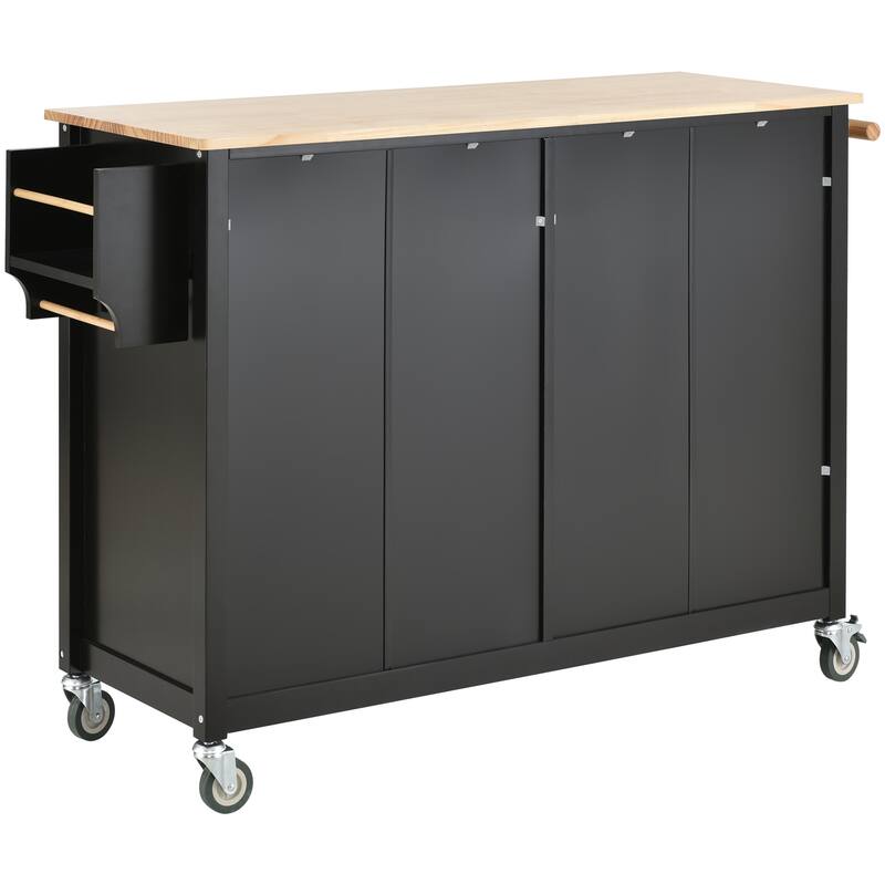 Black Solid Wood Kitchen Island with Locking Wheels, Rolling Kitchen Cart, Closed Storage Kitchen Cabinet with Rack