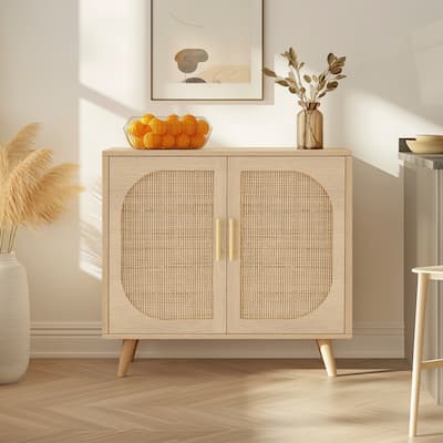 Natural Finish Buffet Cabinet - Accent Storage with 2 Doors and Solid Wood Feet