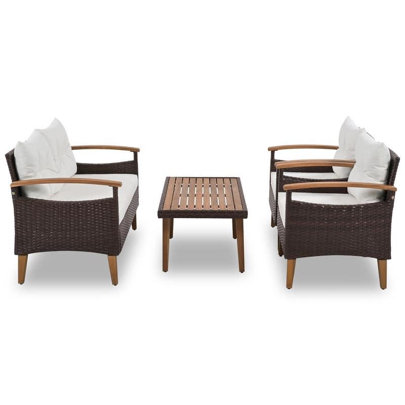 4-Piece PE Rattan Outdoor Sofa Set with Wood Table & Adjustable Legs
