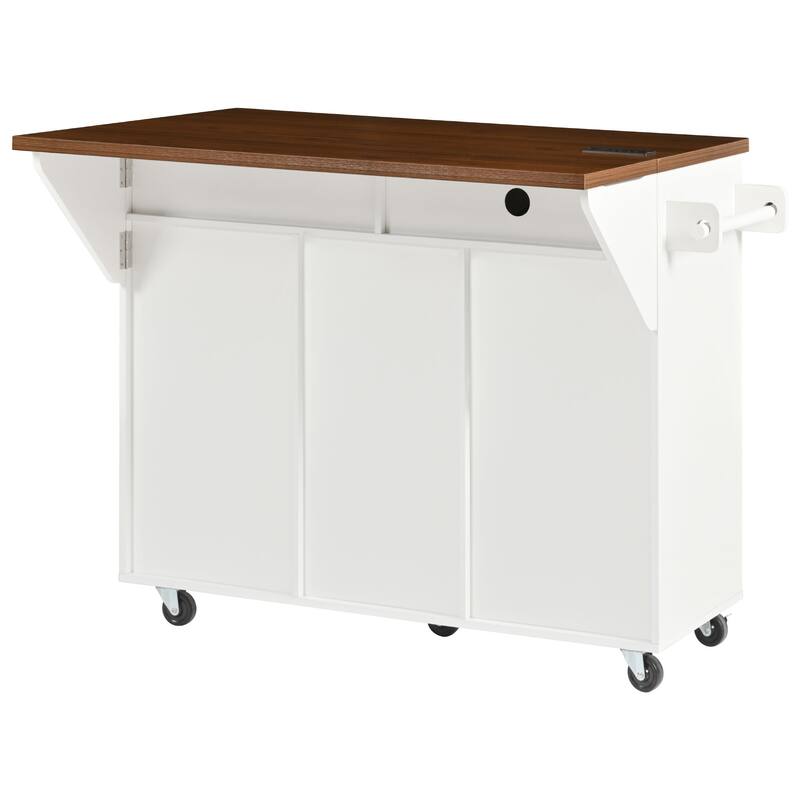 52" Fluted Kitchen Island with Drop Leaf, Power Outlet, Kitchen Storage Cart with Adjustable Shelves, 2 Doors and 2 Drawers