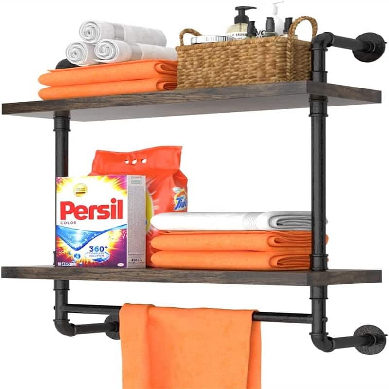 2 Tier Wood Floating Shelves Towel Rack - 7.87"D x 24"W x 25.6"H - Brown