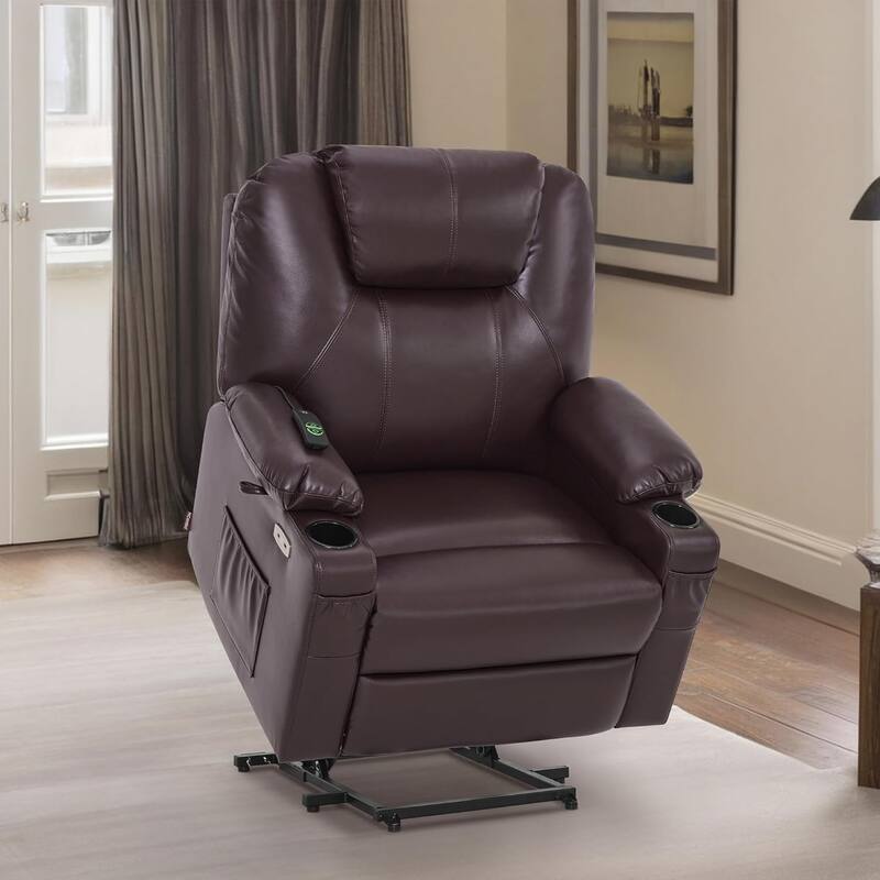 MCombo Medium-Wide Power Lift Recliner Chair Sofa with Massage and Heat for Elderly People, Faux Leather R7045