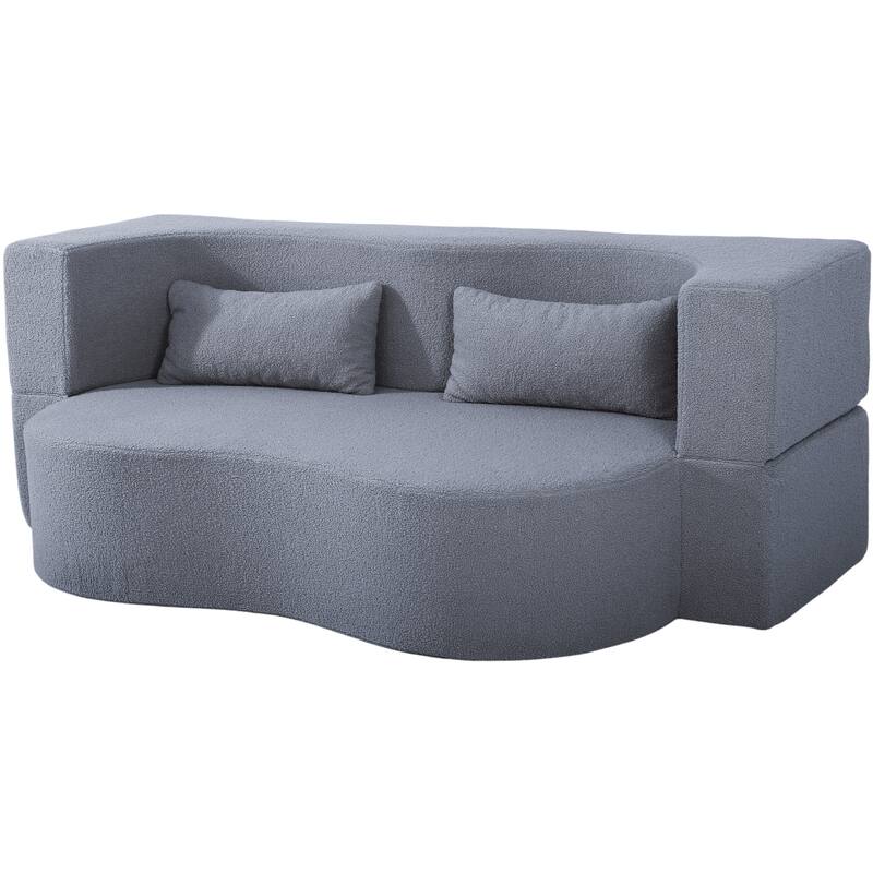 2-in-1 Convertible Sofa Bed, Folding Loveseat Couch with Soft Teddy Fabric, Floor Sleeper Sofa Mattress with 2 Pillows