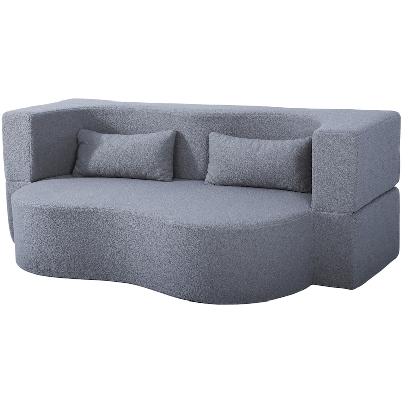 Modern 2-Seater Sofa 2-in-1 Folding Sofa Bed with 2 Pillows, Soft Teddy Fabric and Non-Slip Bottom, for Living Room, Dorm