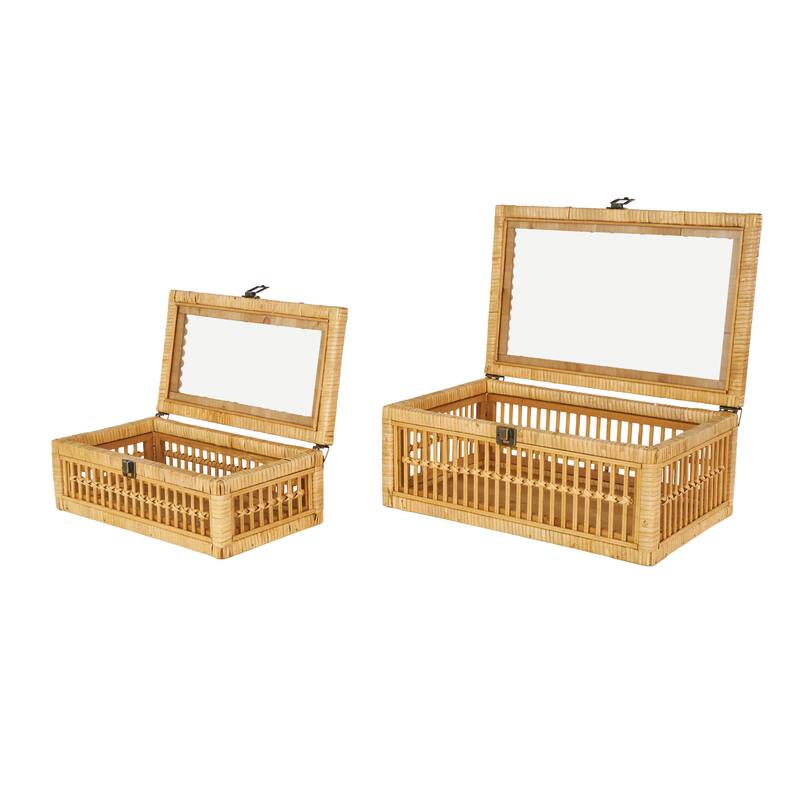 Brown Rattan Handmade Woven Storage Decorative Box with Glass Top and Bronze Latches (Set of 2) - 10"W x 15"L x 6"H