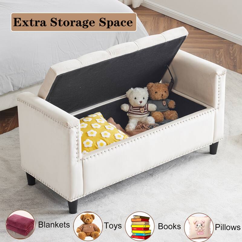 Storage Bench For Bedroom/Living Room,44.5-Inch Velvet Button Bench with Armrests