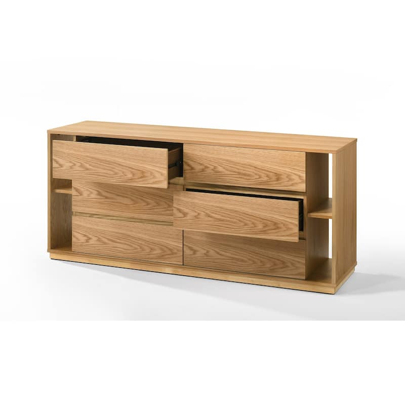Noe Ruby Wide 6 Drawers Dresser, Natural Oak Brown Rubberwood