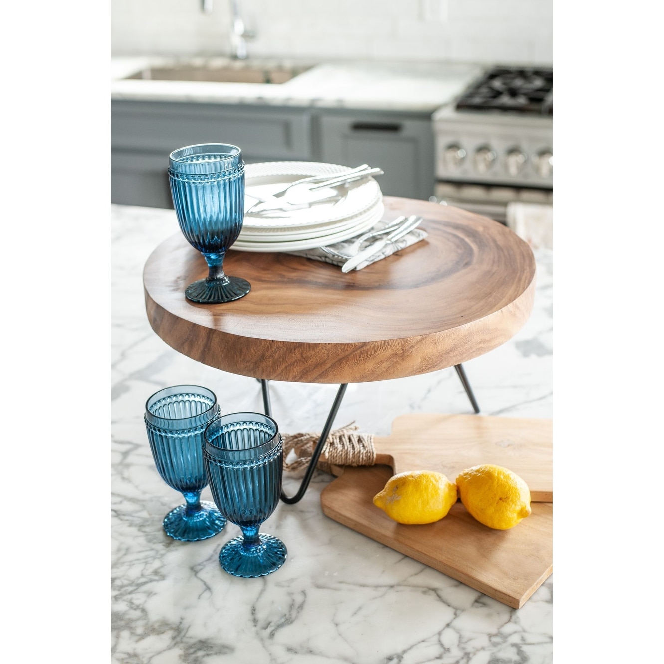 Natural Solid Wood And Black Metal Cake Plate Riser by East at Main