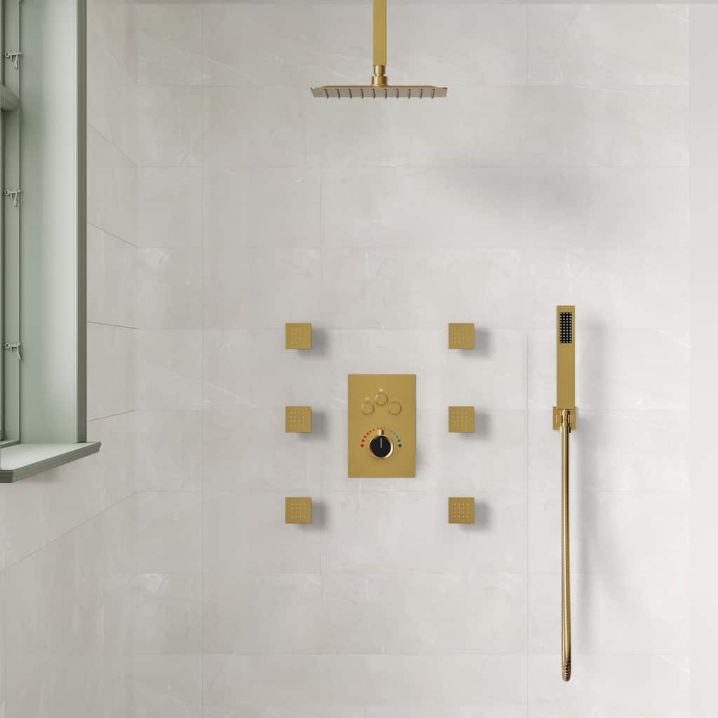 Shower System 12" Ceiling Rain Shower Head with 3-Way Thermostatic Faucet & Body Jets