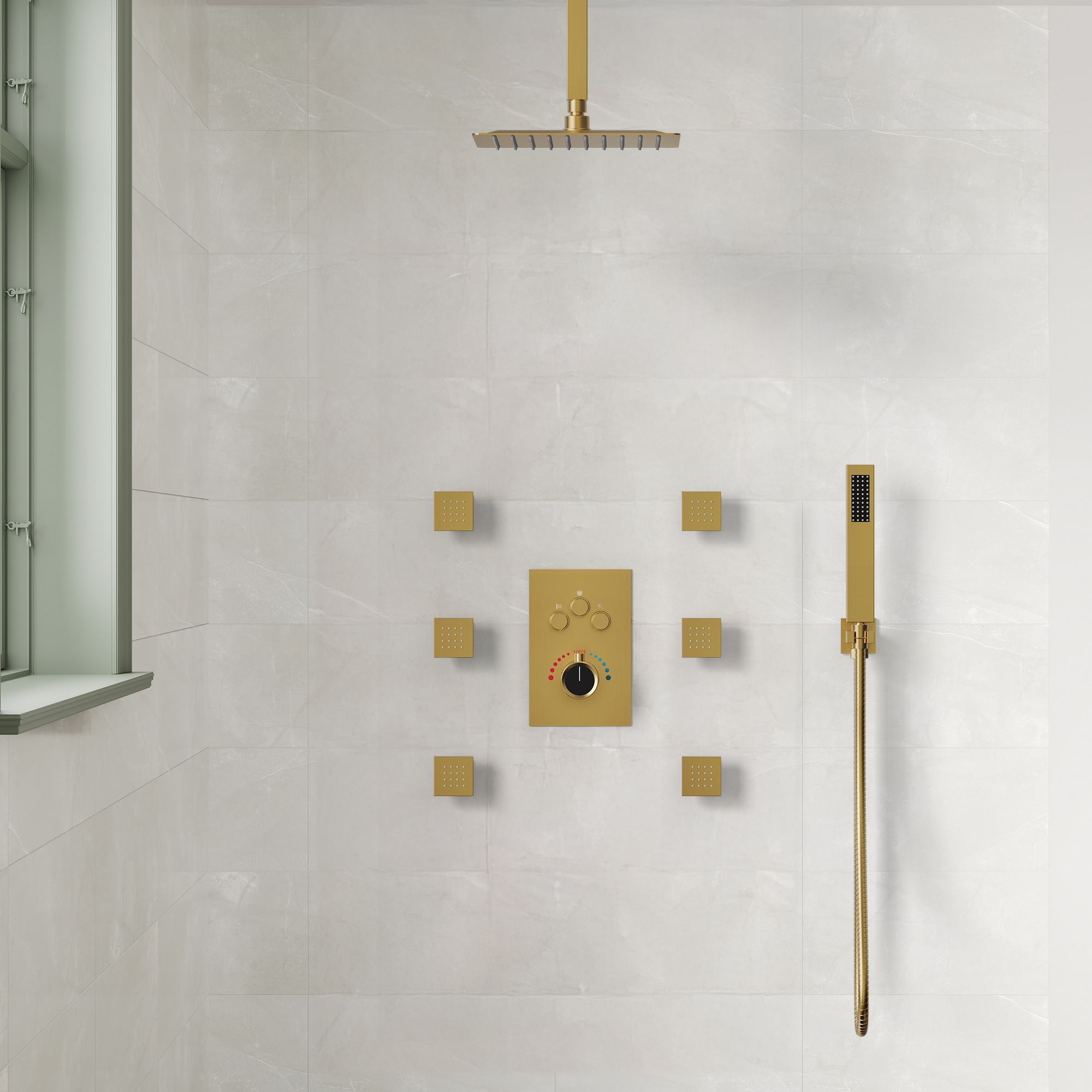 Shower System 12" Ceiling Rain Shower Head with 3-Way Thermostatic Faucet & Body Jets