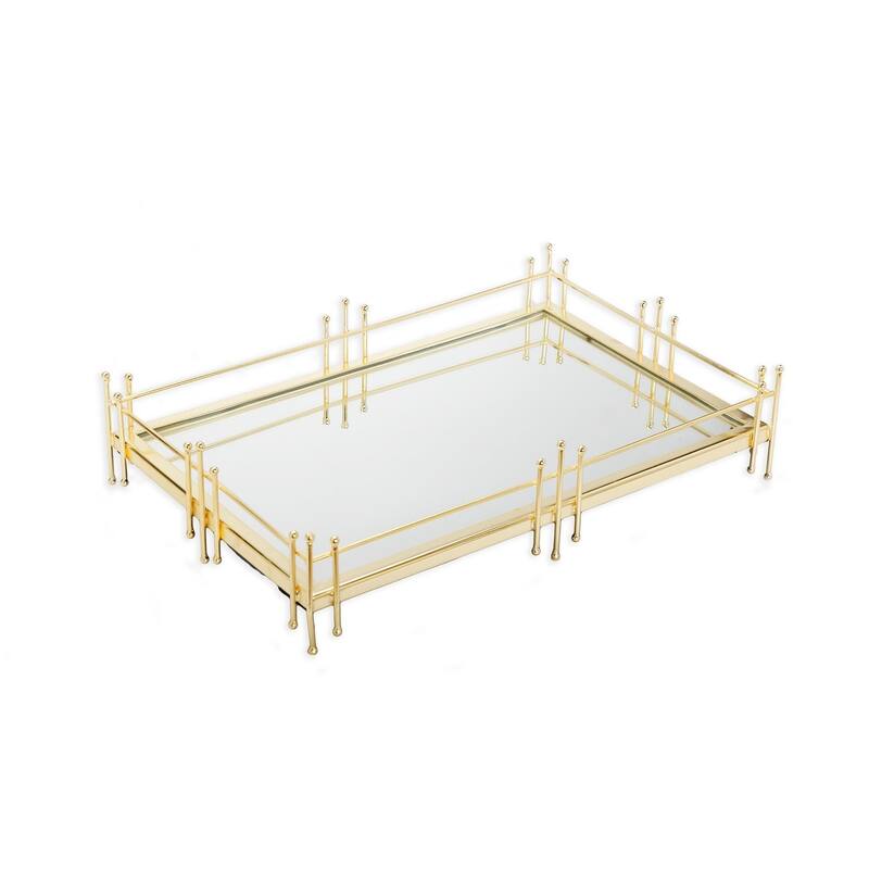 14"L Oblong Mirror Tray with Gold Symmetrical Design - 14"