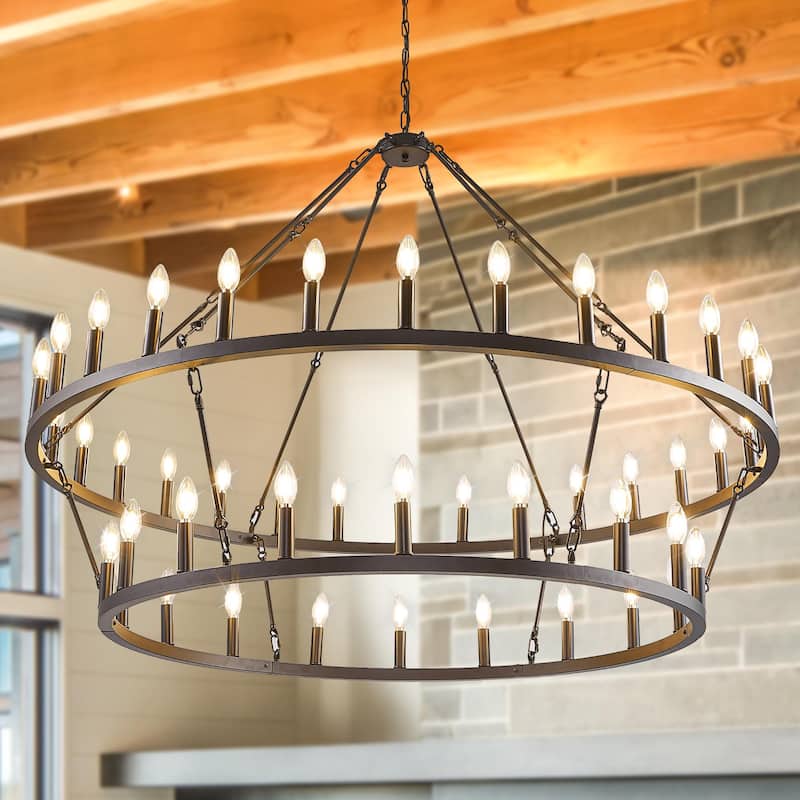 Modern Farmhouse Chandelier 2 Tier Round Wagon Wheel Chandelier Large High Ceiling Light. - 57Inch - Black