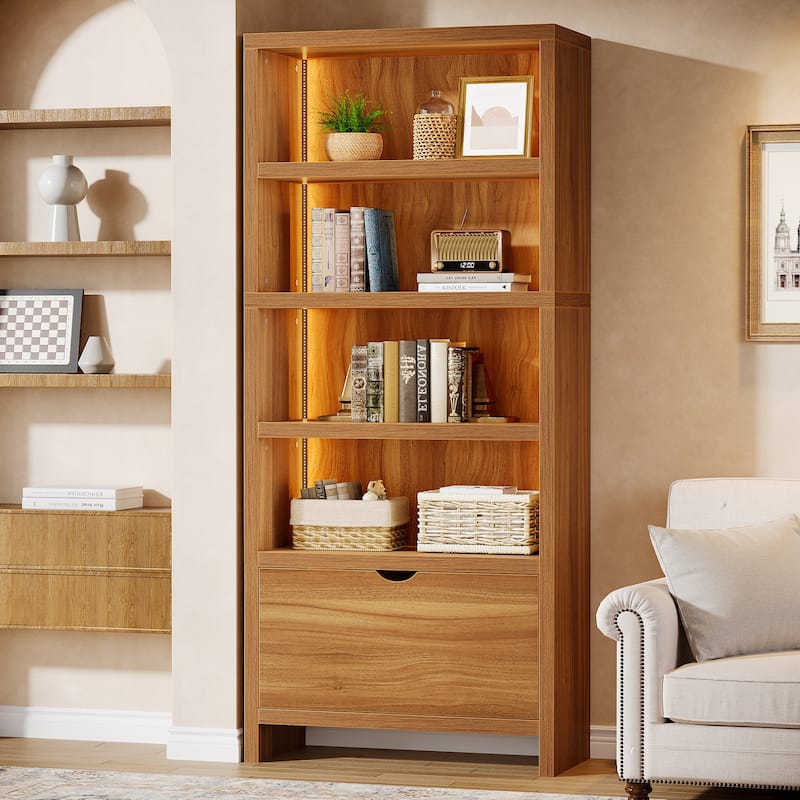 4-Tier Tall Storage Cabinet with Drawer and Light, Rustic Brown - 31.5"L x 13.78"W x 70.87"H - Rustic Brown