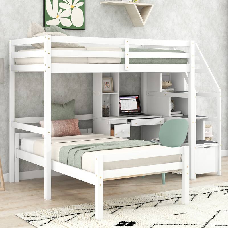 Twin Size Loft Bed with Stand-alone Bed, Storage Staircase, Desk, Shelves, and Drawers in White
