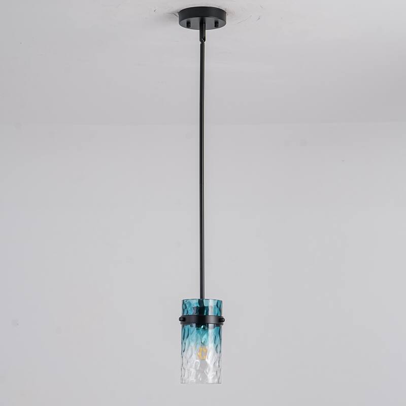 1/3-Light Coastal Matte Black Adjustable Pendant Light with Gradient Blue Hammered Cylinder Glass for Kitchen Island