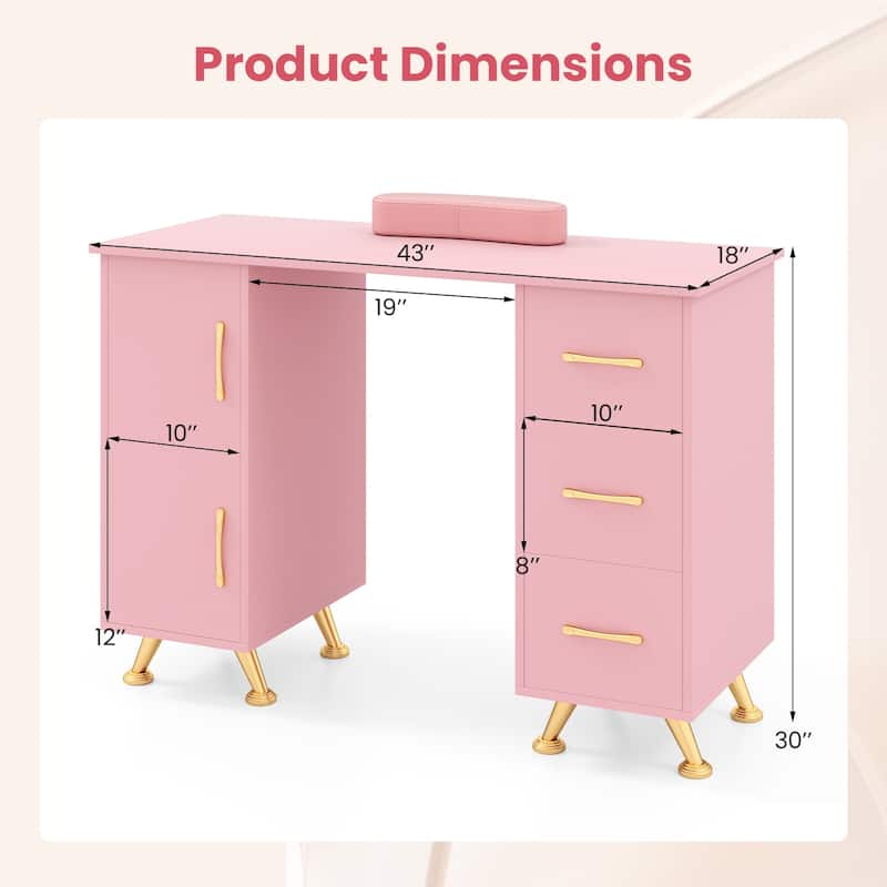 Gymax Manicure Table Nail Desk w/ Drawers Wrist Rest Metal Legs Nail