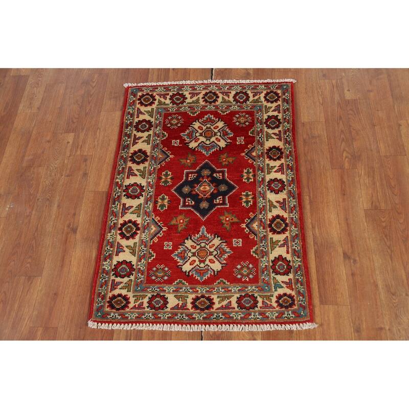 Red Geometric Kazak Oriental Accent Rug Hand-Knotted Wool Carpet - 2'0" x 3'0"