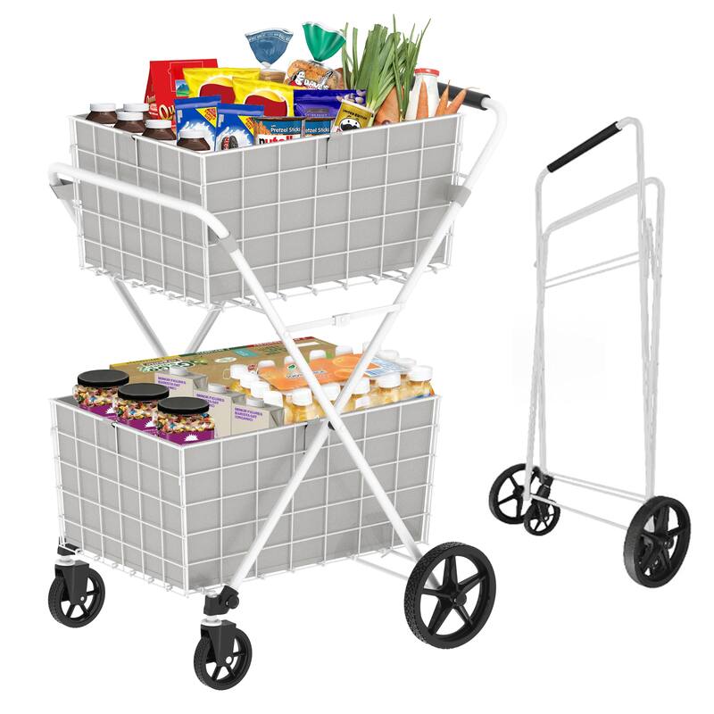Foldable 2 Layers Grocery Shopping Cart with Double Basket and 360 Rolling Swivel Wheels