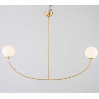 55" Modern Linear 2-Light Brass Finish Island Pendant with Milk White Glass Globe Shades for use in Dining Room