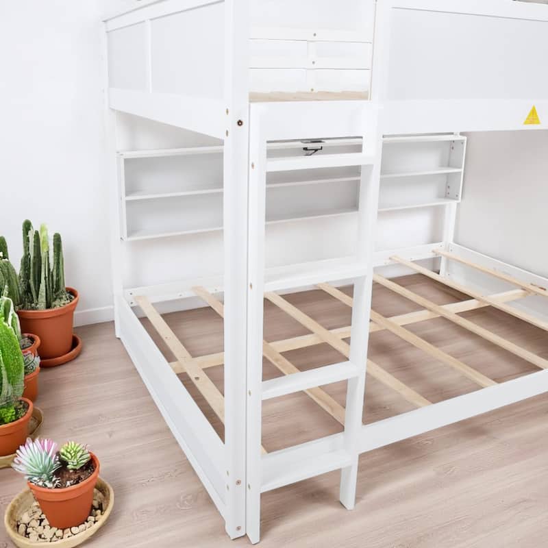 Queen Bunk Bed with Built-In Storage Cabinets, Charging Ports, and Safety Guardrails