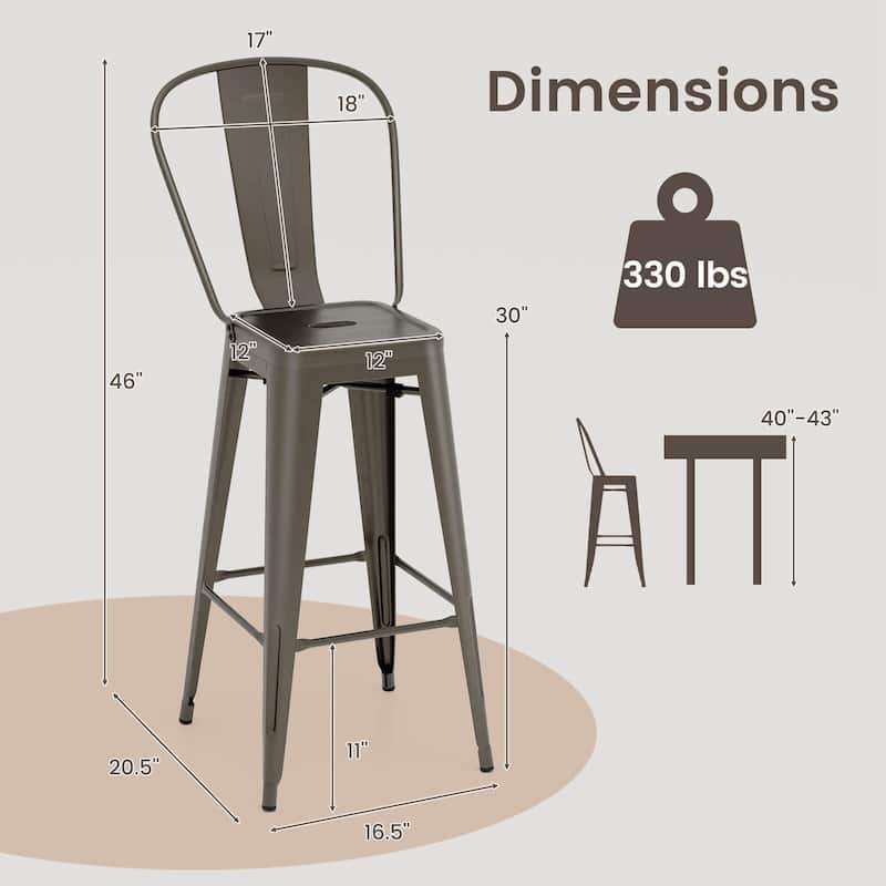 Costway Set of 4 High Back Metal Stool 30'' Seat Bar Height Industrial