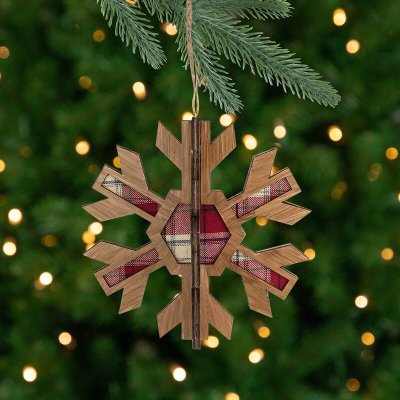 Faux Wood and Plaid 3-D Starburst Snowflake Christmas Ornament - 7" - Brown and Red