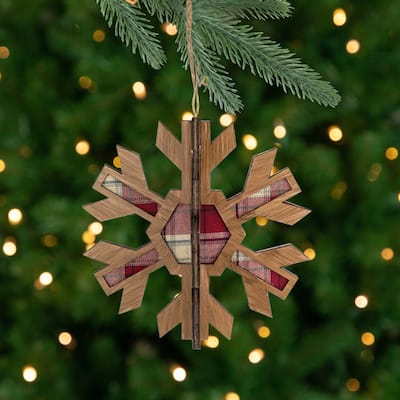 Faux Wood and Plaid 3-D Starburst Snowflake Christmas Ornament - 7" - Brown and Red