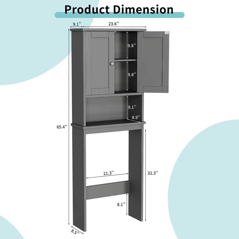 Over The Toilet Storage Cabinet, Wood Door - 8.5"D x 23.6"W x 65.4"H