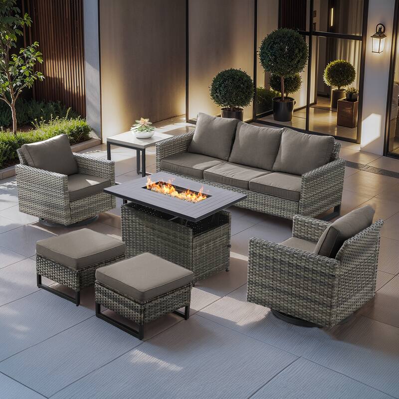 Outdoor Grey Wicker Fire Pit Table with Sofa Swivel Chairs Ottoman - Grey Cushion - Grey Wicker Sofa Set w/ Grey Wicker Fire Table