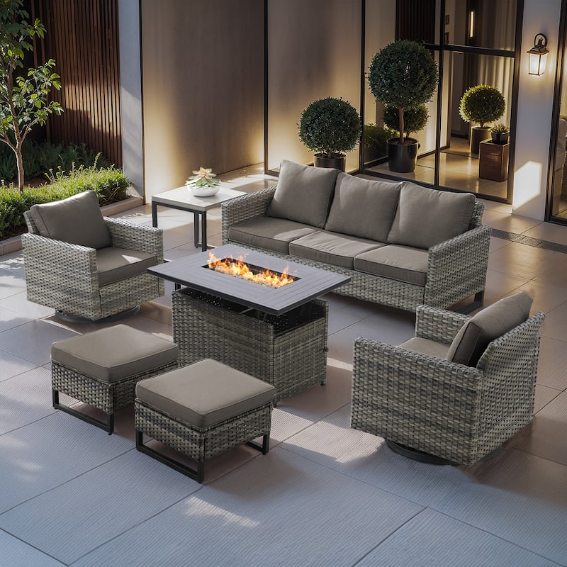 Outdoor High Back Patio Furniture Set With Fire Pit Table - Grey Cushion - Grey Wicker Sofa Chair Ottoman w/ Fire Table