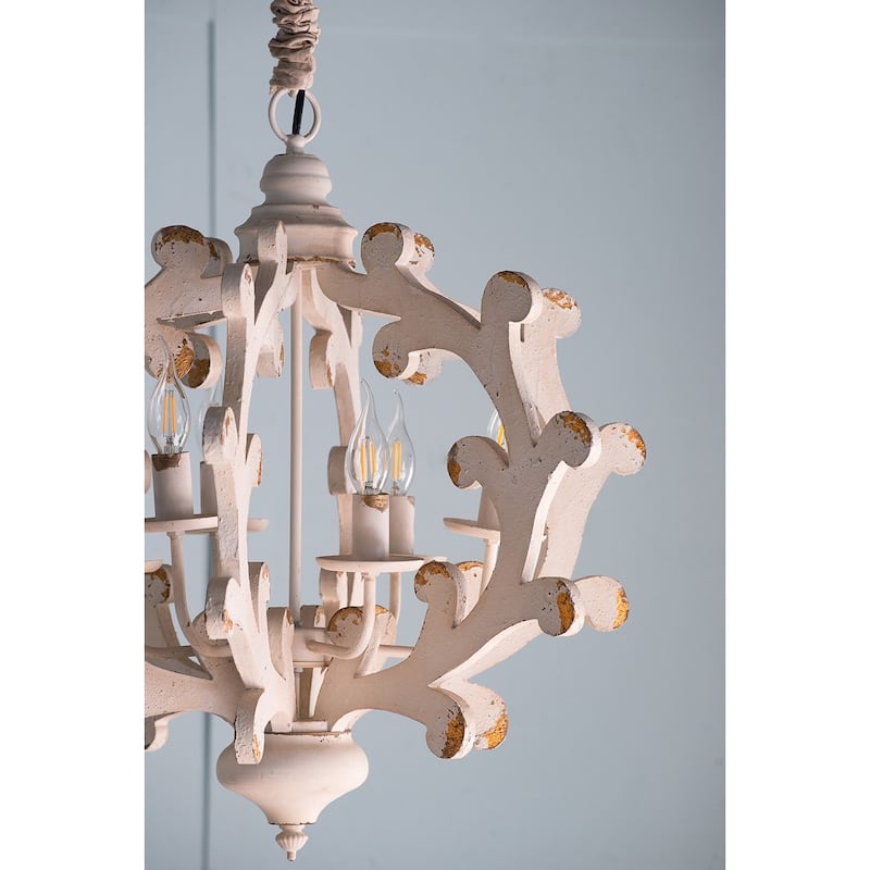 6-Light Wood Chandelier, Hanging Light Fixture with Adjustable Chain for Kitchen, Pendant Ceiling Lighting Fixture