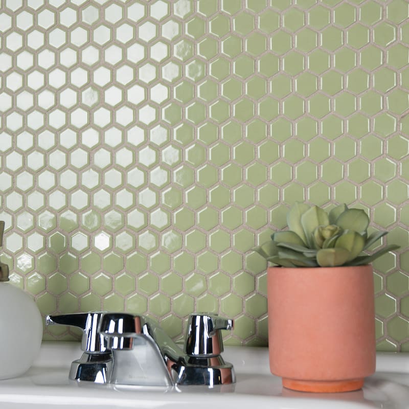 Merola Tile Metro Hex 1" Glossy Olive 11.86" x10.25" Porcelain Mosaic Floor and Wall Tile