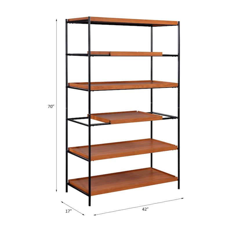 Honey Oak and Black 6-Shelf Bookshelf