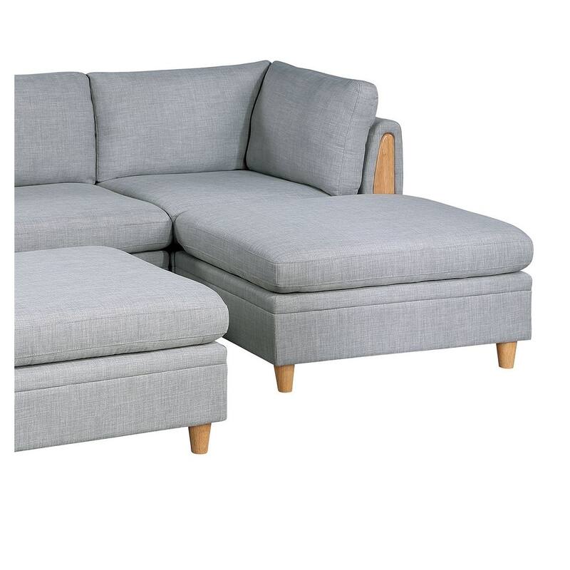 5pc Modular Sofa Set, Light Grey Fabric, 2 Corner Wedges, 1 Armless Chair, 2 Ottomans