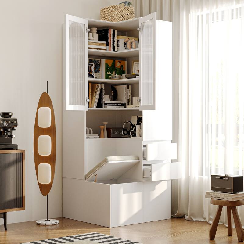 Entryway Cabinet Tempered Glass DoorsStorage Bench with Cushion, Modern Mudroom Hall Tree Organizer with Hidden Storage