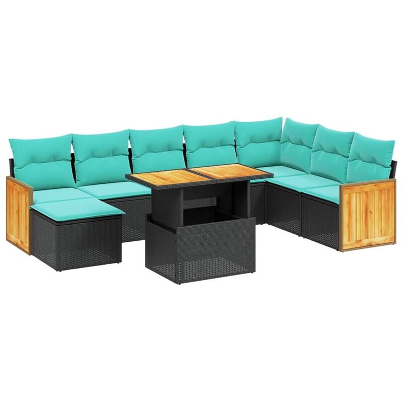 vidaXL 9 Piece Patio Sofa Set with Cushions Black Poly Rattan - 21.7 x 24.4 x 27.2