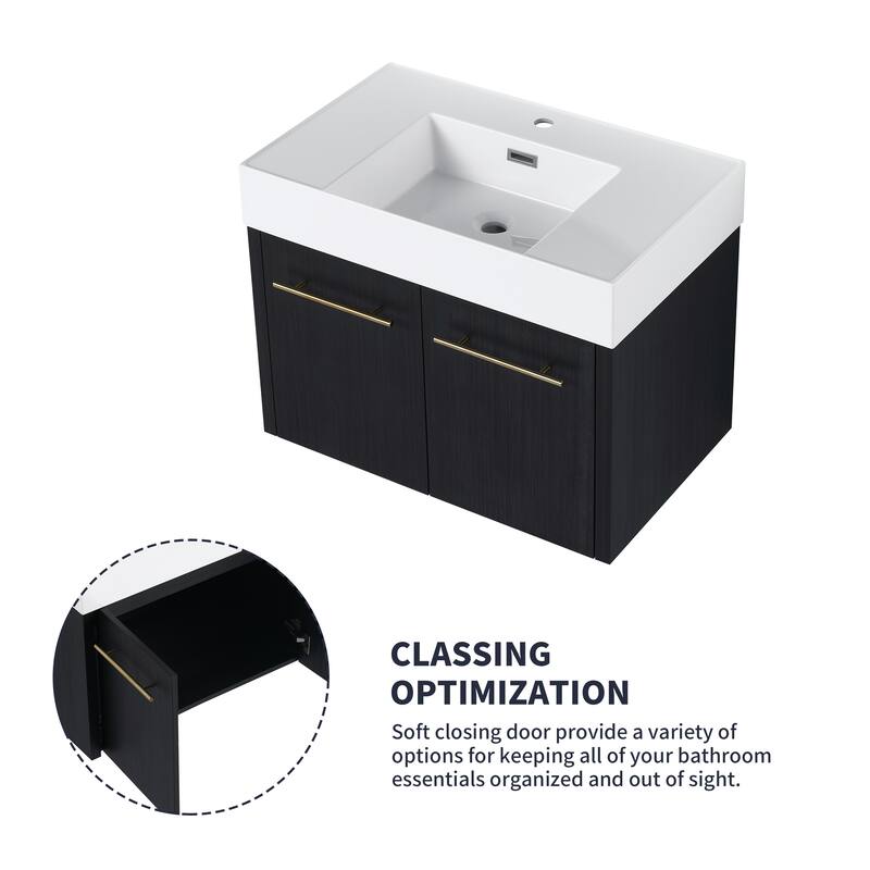 Contemporary Bathroom Vanity with Resin Sink, Soft Closing Hinges, Black Chestnut Finish - 29.5in L Plywood