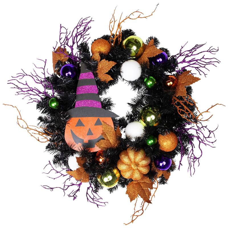 Jack-O-Lantern in Witches Hat Halloween Pine Wreath, 24-Inch, Unlit