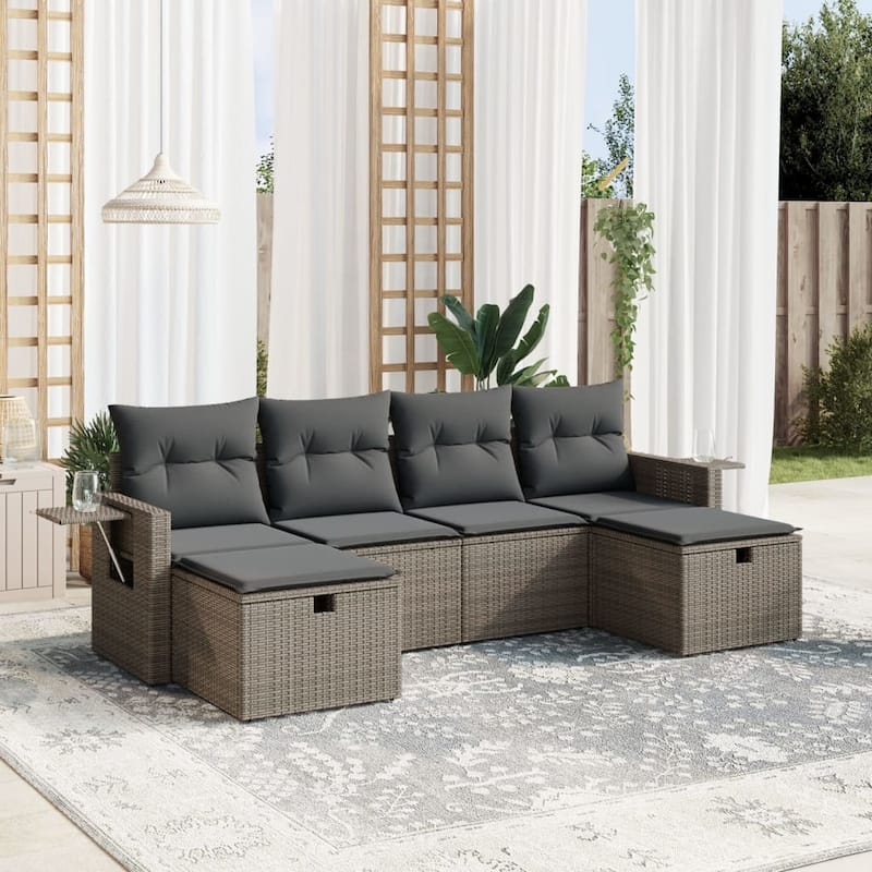 vidaXL Patio Sofa Set with Cushions Outdoor Furniture 6 Piece Poly Rattan - Grey 6 Piece