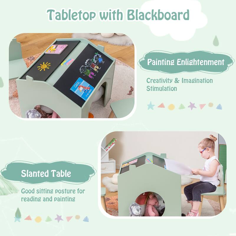 Costway 3 Piece Kids Wooden Table and Chair Set with Blackboard for
