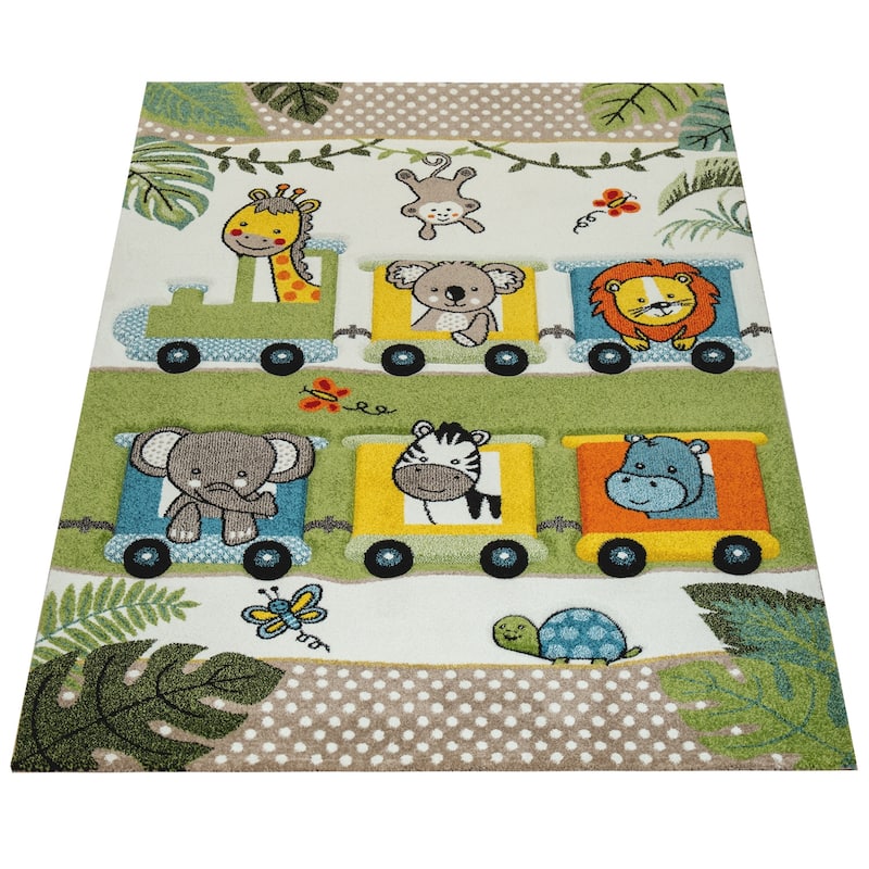 Nursery Rug Cute Jungle Animals Locomotive Kids 3D Effect Green Cream