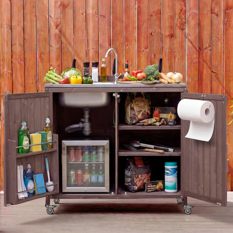 39.4" Outdoor Kitchen Island with Sink, Outdoor Kitchen Cabinet with Back Splash & 4 Wheels for Pizza Prep