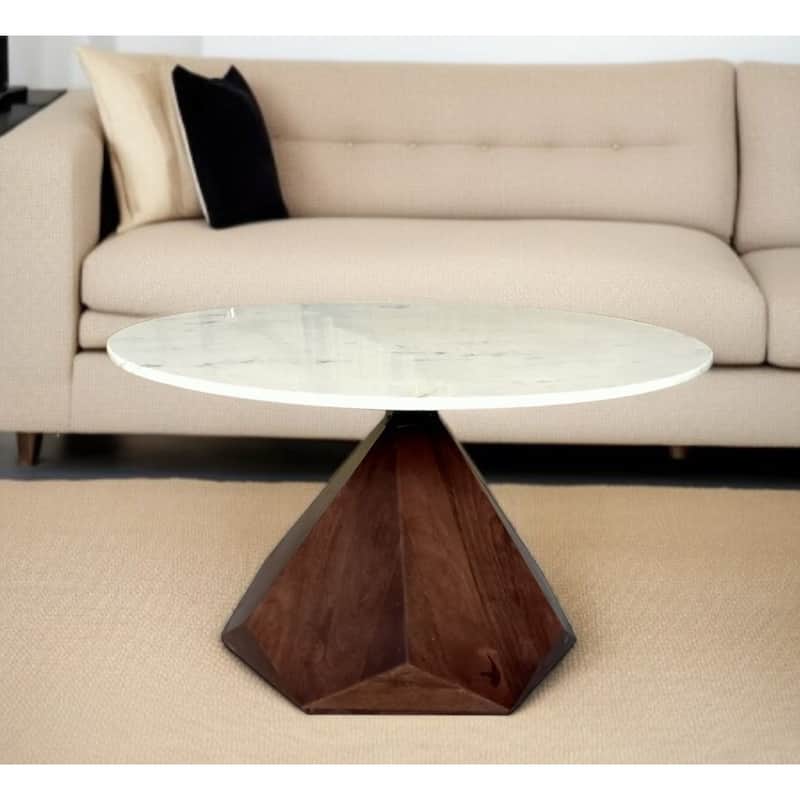 32" Brown And White Solid Wood and Marble Geo Coffee Table - 18" H x 32" W x 32" D - 18" H x 32" W x 32" D - Brown - Marble