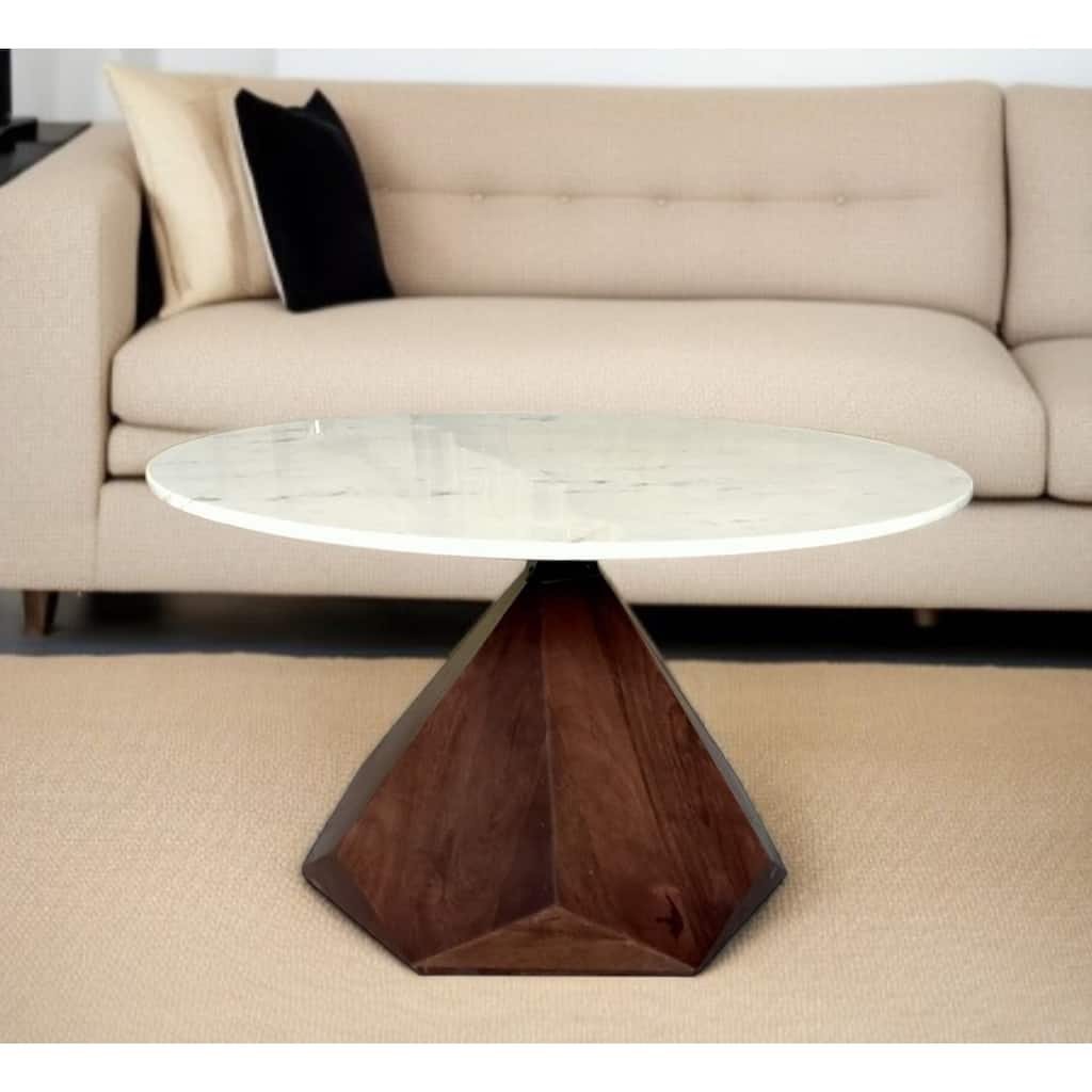 32" Brown And White Solid Wood and Marble Geo Coffee Table - 18" H x 32" W x 32" D