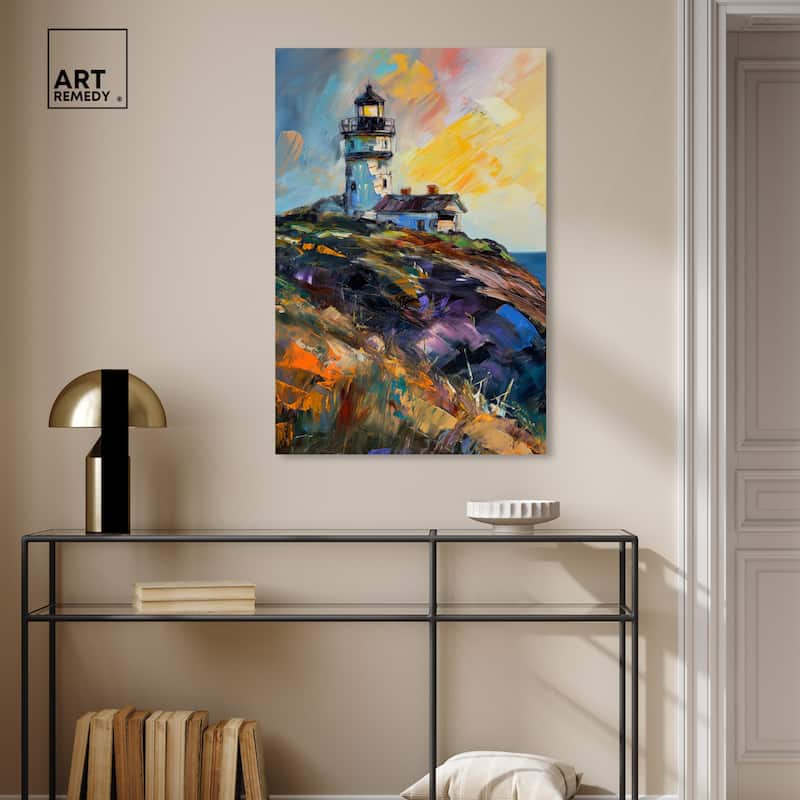 Art Remedy Colorful Lighthouse Gallery Wrapped Impressionism 1 Piece Canvas Wall Art /Monet And Van Gogh Inspired Art