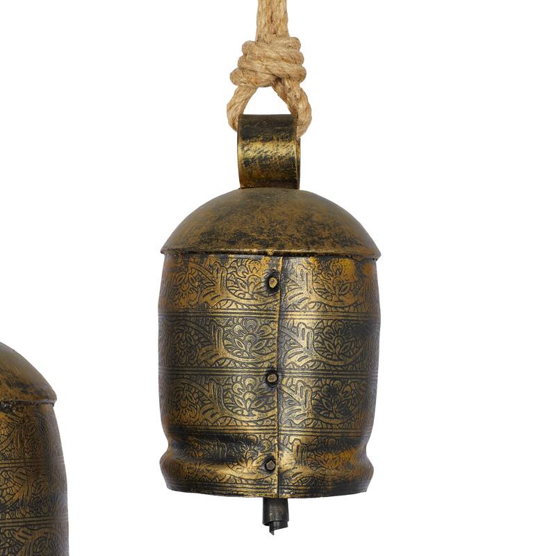 Gold, Gray, Bronze, Black or Red Metal Tibetan Inspired Decorative Cow Bells with Jute Hanging Rope (Set of 3)