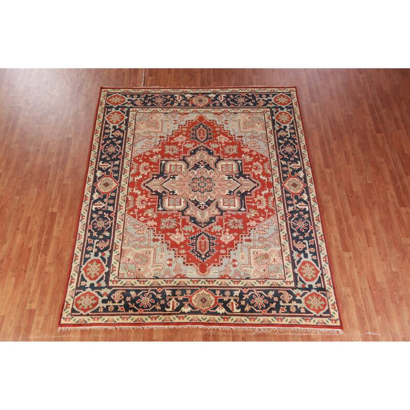 Hand Knotted Oriental 100% Wool Carpet Traditional Medallion Oranges & Rust Heriz (serapi) Area Rug - 9' 9'' X 8' 0''