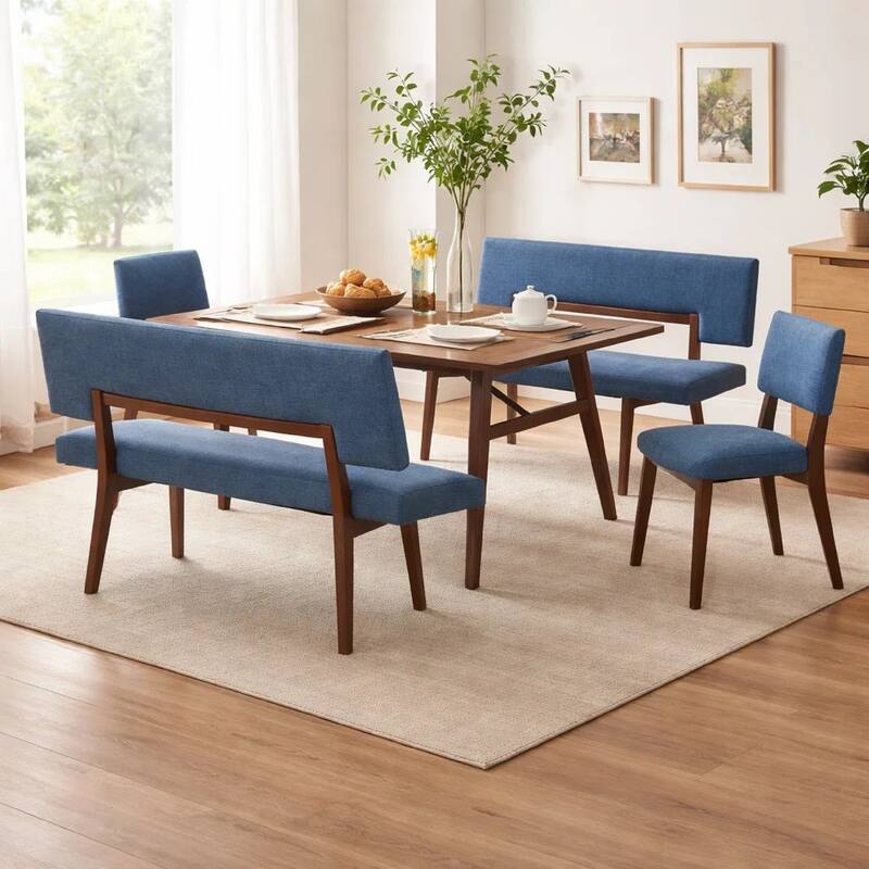 Yumi 5 Piece Dining Table Set, Chairs and Benches, Blue Fabric, Wood Brown