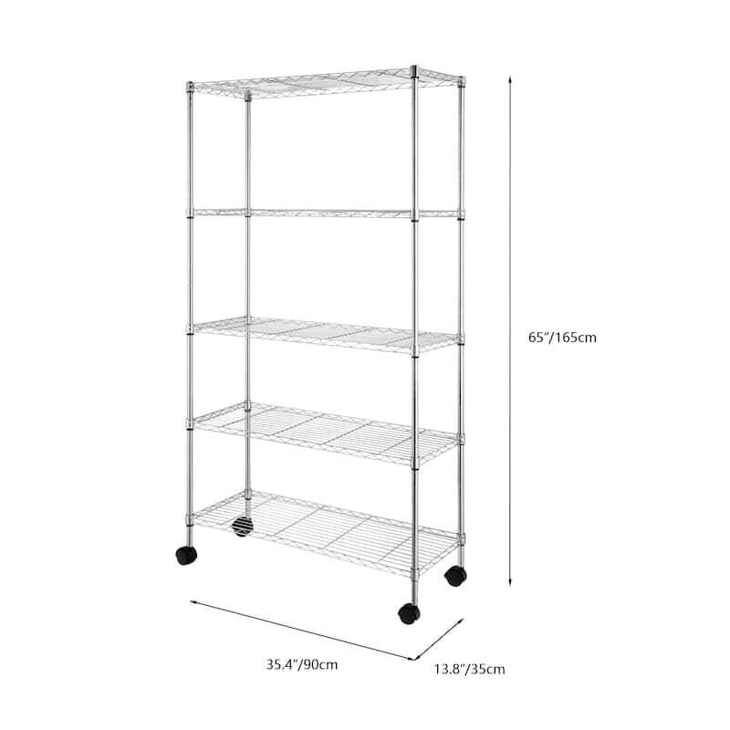 5-Tier Chrome Storage Cart with Smooth Wheels and Mesh Shelves for Home Office and Shop Storage
